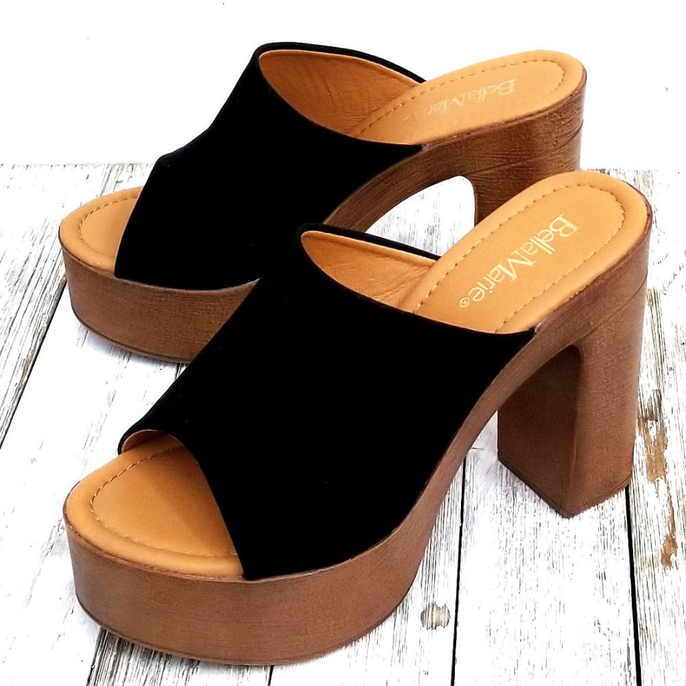 New Black Light Weight Mule Chunky Heel Clogs Platform Sandals